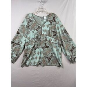 JH Collectibles Blouse Women 2X Top Mint Green Paisley Empire Waist V-Neck